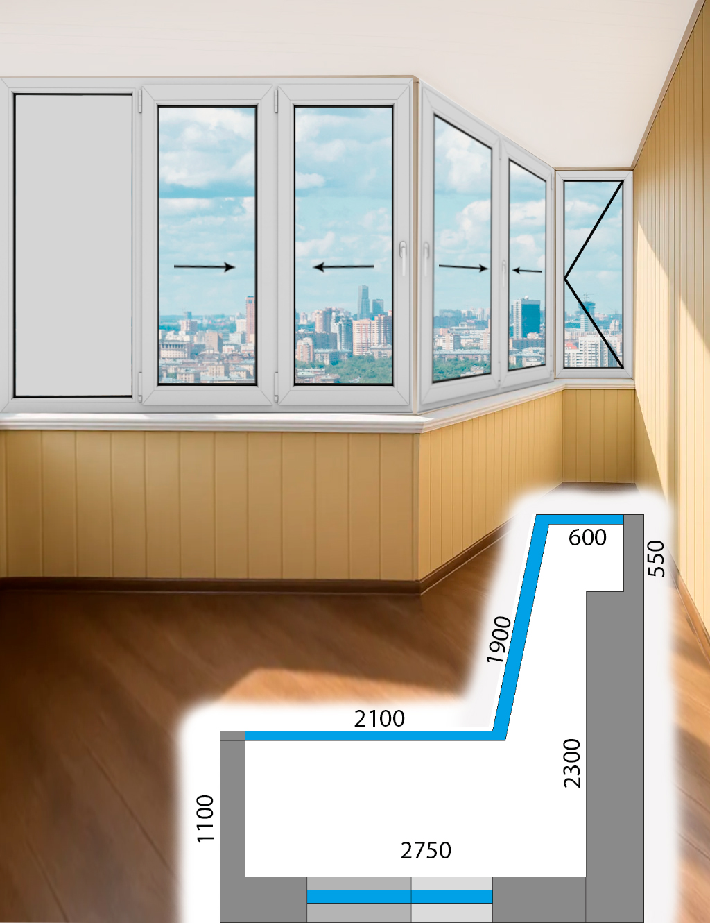 Остекление балкона Большой Сапог Вариант 2 дом серии П-3 Холодные раздвижные Provedal P640 1-Гс-2Р-Э-2Р-Э-Пп-БС-П3-PS