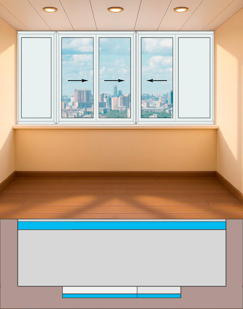 Остекление лоджии (ширина 3135 х высота 1400)  5 створок дом серии П30 Холодные раздвижные Provedal P640