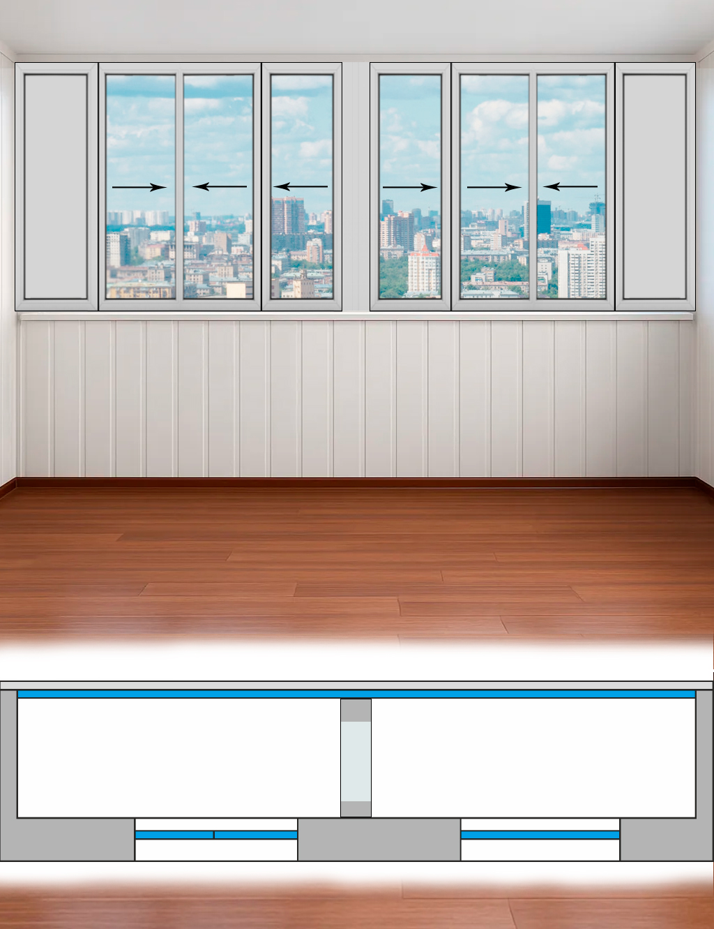 Остекление сдвоенной лоджии (5760 х 1690) 8 створок дом серии П55 Холодные раздвижные Provedal P640