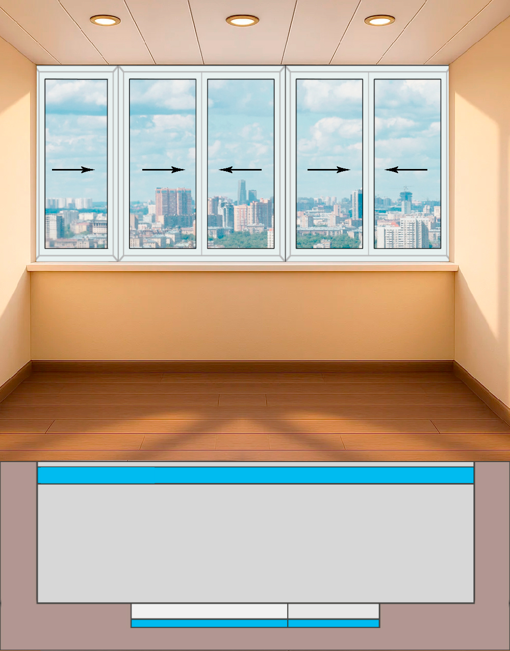 Остекление лоджии (3880х1440)  5 створок дом серии П46 Холодные раздвижные Provedal P640