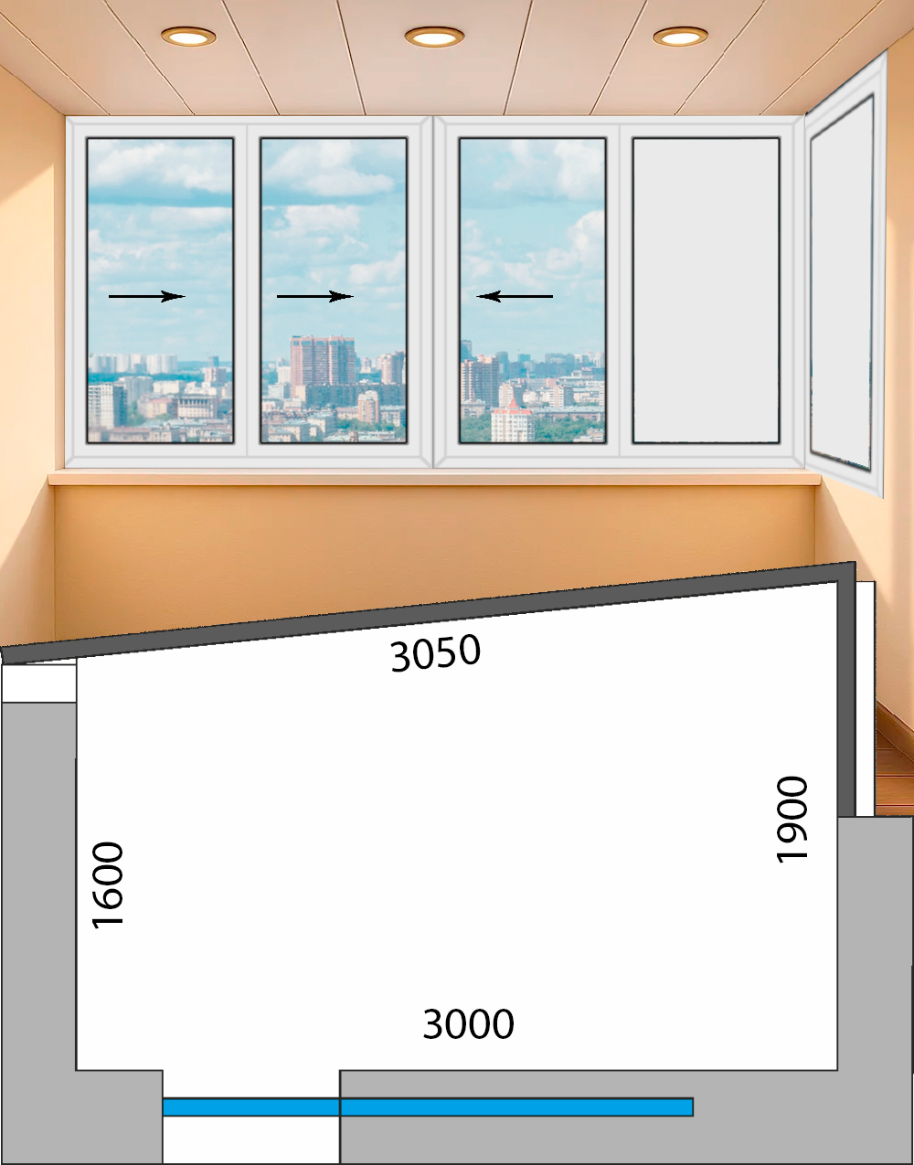 Остекление Угловой лоджии (ш 3,64 х в 1,53 м) дом серия II49 (П49)