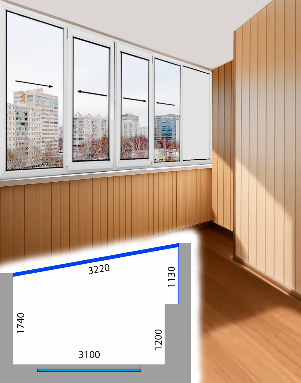 Остекление балкона в доме серии I-519/9 Прямой Холодные раздвижные Provedal P640 3-2Р-2Р-Гс-П-I-515-9-PS