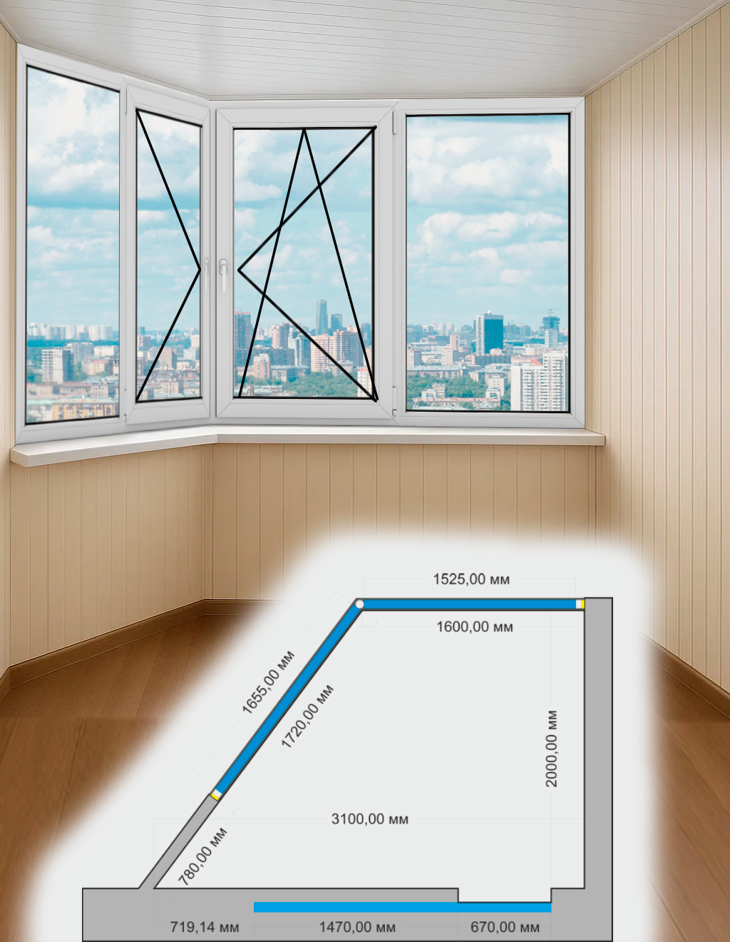 ООстекление угловой лоджии в доме серии П-3М теплое распашное Brusbox 60 aero 1-Гп-Пл-Поп-Гп
