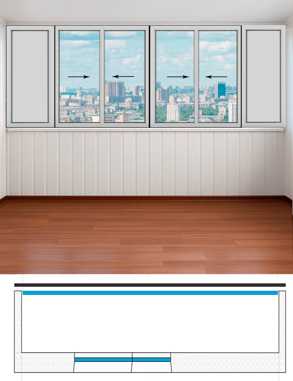 Остекление лоджии Башня Вулыха 6 створок (Ш-4790 х В-1710) Холодные раздвижные Provedal P640