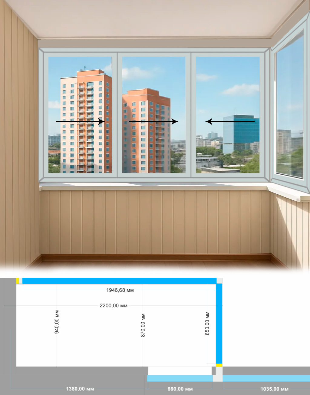 Остекление балкона Г-образный в доме серии П-3 Капитанский Холодные раздвижные Provedal P640 1-3Р-У-Гп-КУП3