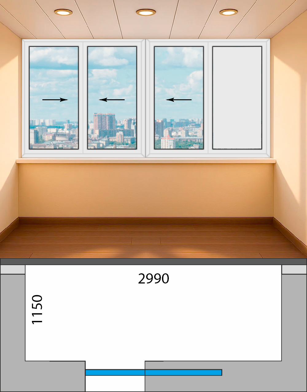 Остекление Прямой лоджии (ш 2,99 х в 1,53 м) дом серия II49 (П49) Холодные раздвижные Provedal P640 1-У-3Р-Гс-У-II49Пр-PS