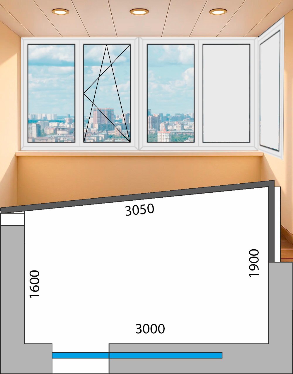 Остекление Угловой лоджии (ш 3,64 х в 1,53 м) дом серия II49 (П49) теплое распашное Brusbox 60 aero 9-ГпПоп-ГпГс-Э-Гс-II49угл-ПВХ