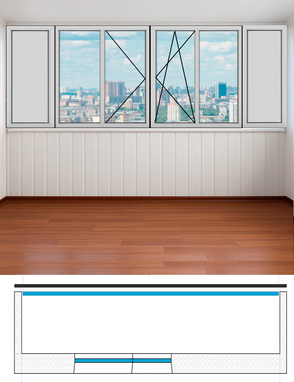 Остекление сдвоенной лоджии (5450 х 1480) 6 створок дом серии II-57 теплое распашное Brusbox 70 aero