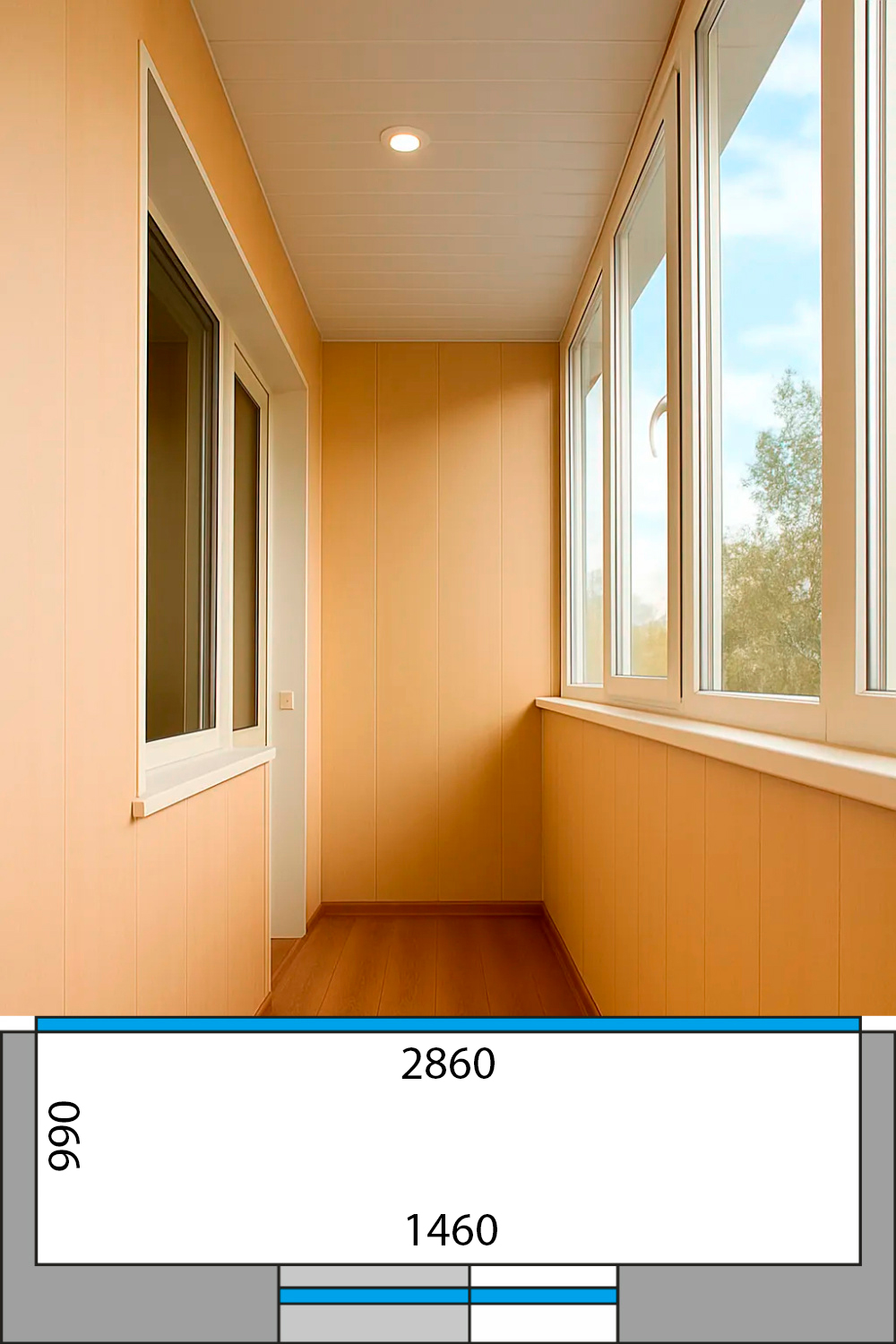 Отделка прямого балкона 2860 х 990 в доме серии И209А