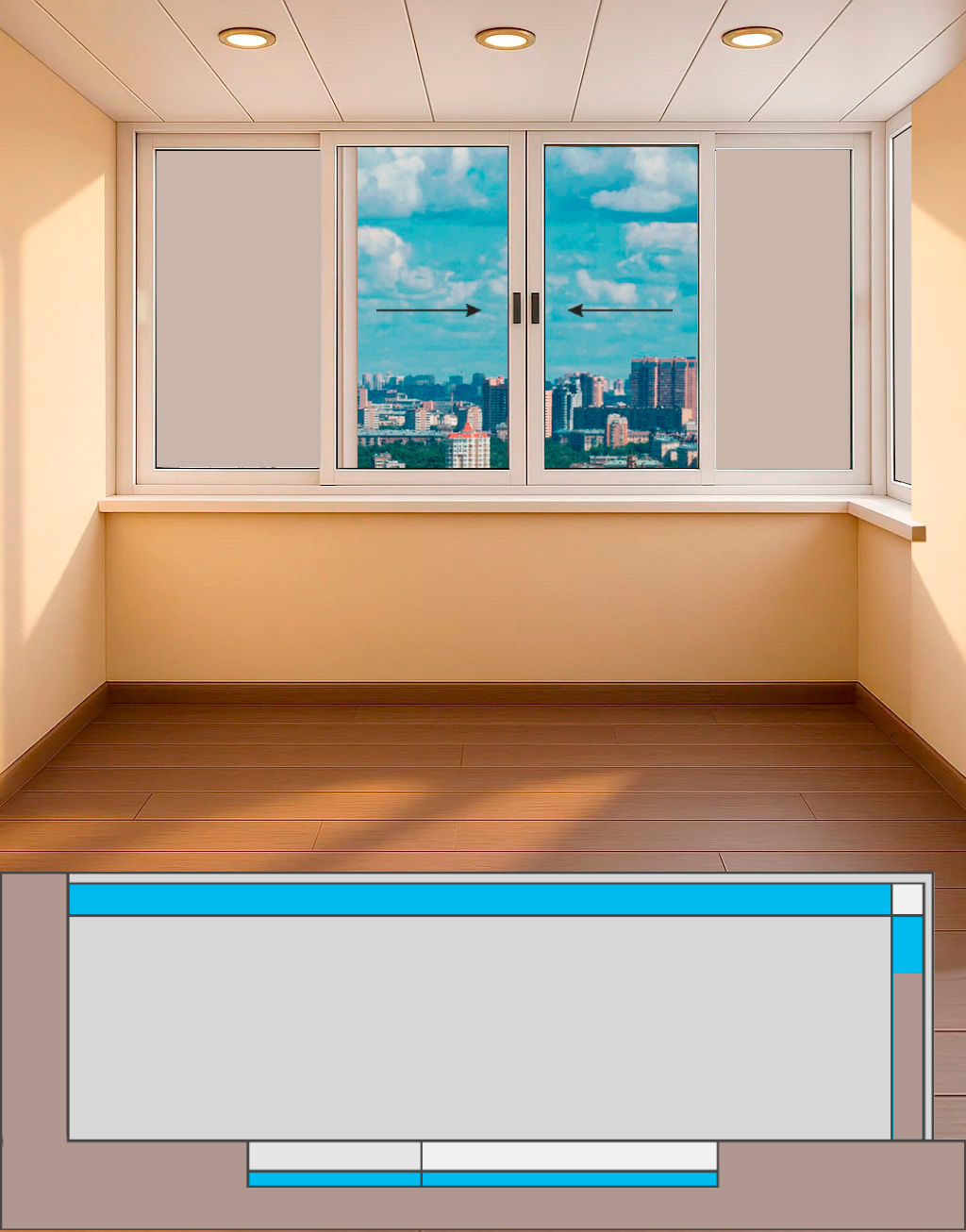 Остекление лоджии с боковым окном (3,02м х 1,41м) дом серии П43 Холодные раздвижные Provedal P640 3-Гс-У-Гп-2Р-Гс-4стУгл-PS