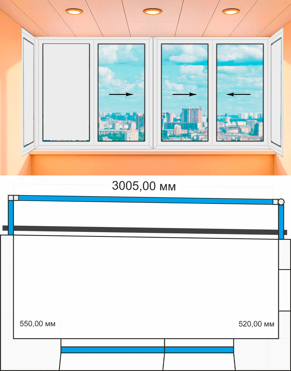 Остекление лоджии с выносом Прямая (3070 х 1450) дом серии II-57 Холодные раздвижные Provedal P640