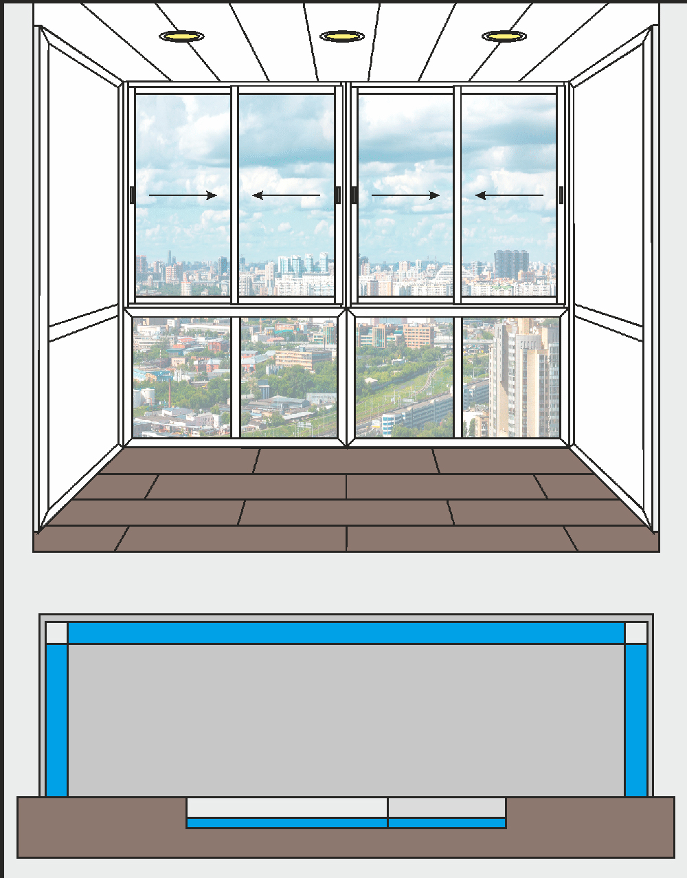 Остекление П-образного балкона в пол (3100 х 800) Provedal P640 раздвижные 2-х полосные алюминий с раздвижными створками V2-ГпхГп 2Рх2с 2Рх2с  ГпхГп