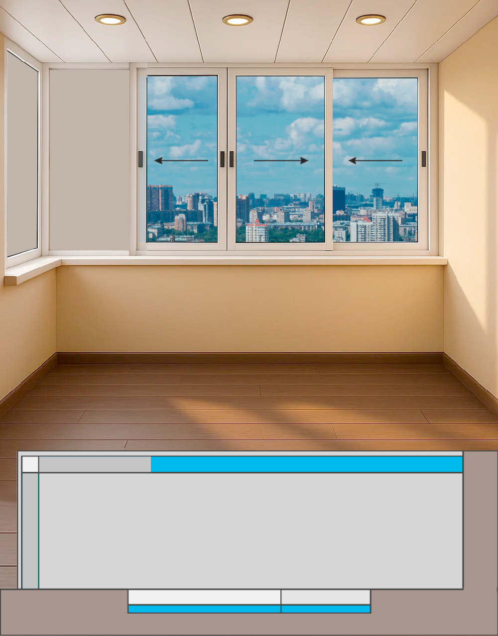 Остекление углового балкона (ш 2,98 х в 1,62 м) раздвижными пластиковыми окнами Slidors