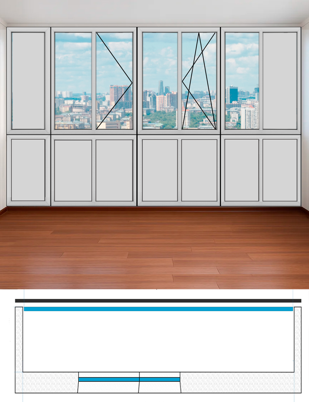 Остекление лоджии в пол Французское Башня Вулыха 7 створок (Ш-5700 х В-2710) теплое распашное Brusbox 60 aero