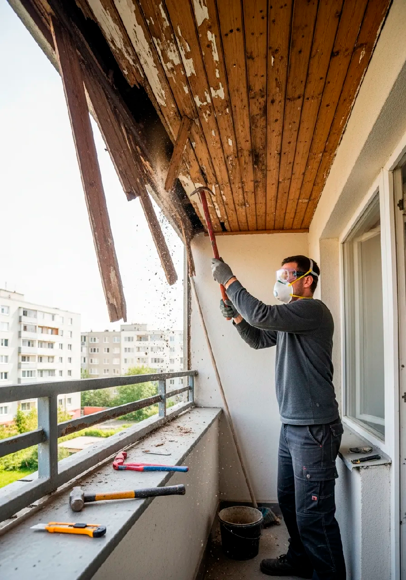 Демонтаж покрытия потолка балкона - вагонка, панели, подвесной