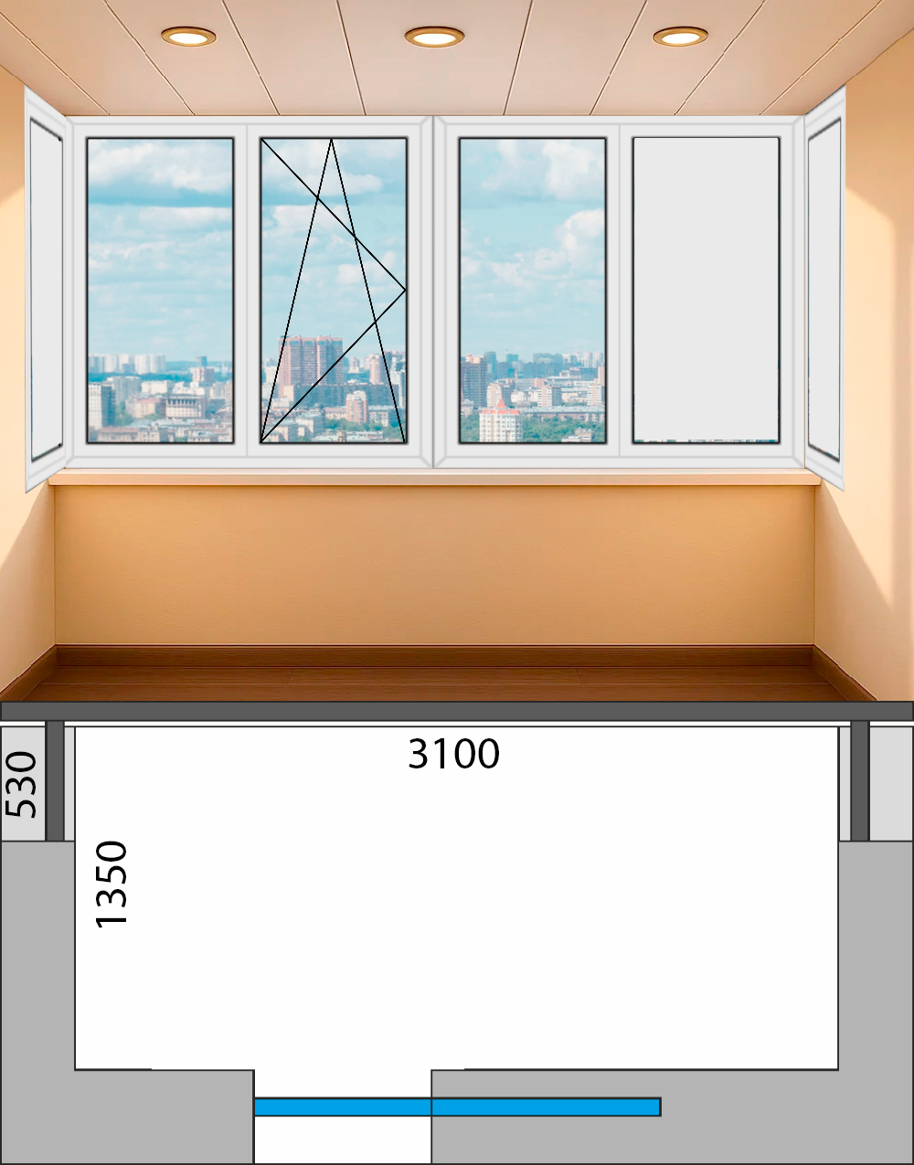 Остекление лоджии с боковинами (ш 3,74 х в 1,53 м) дом серия II49 (П49) теплое распашное Brusbox 60 aero 4-Гс-У-ГпПол-ГпГс-у-Гс-II49Бок-ПВХ