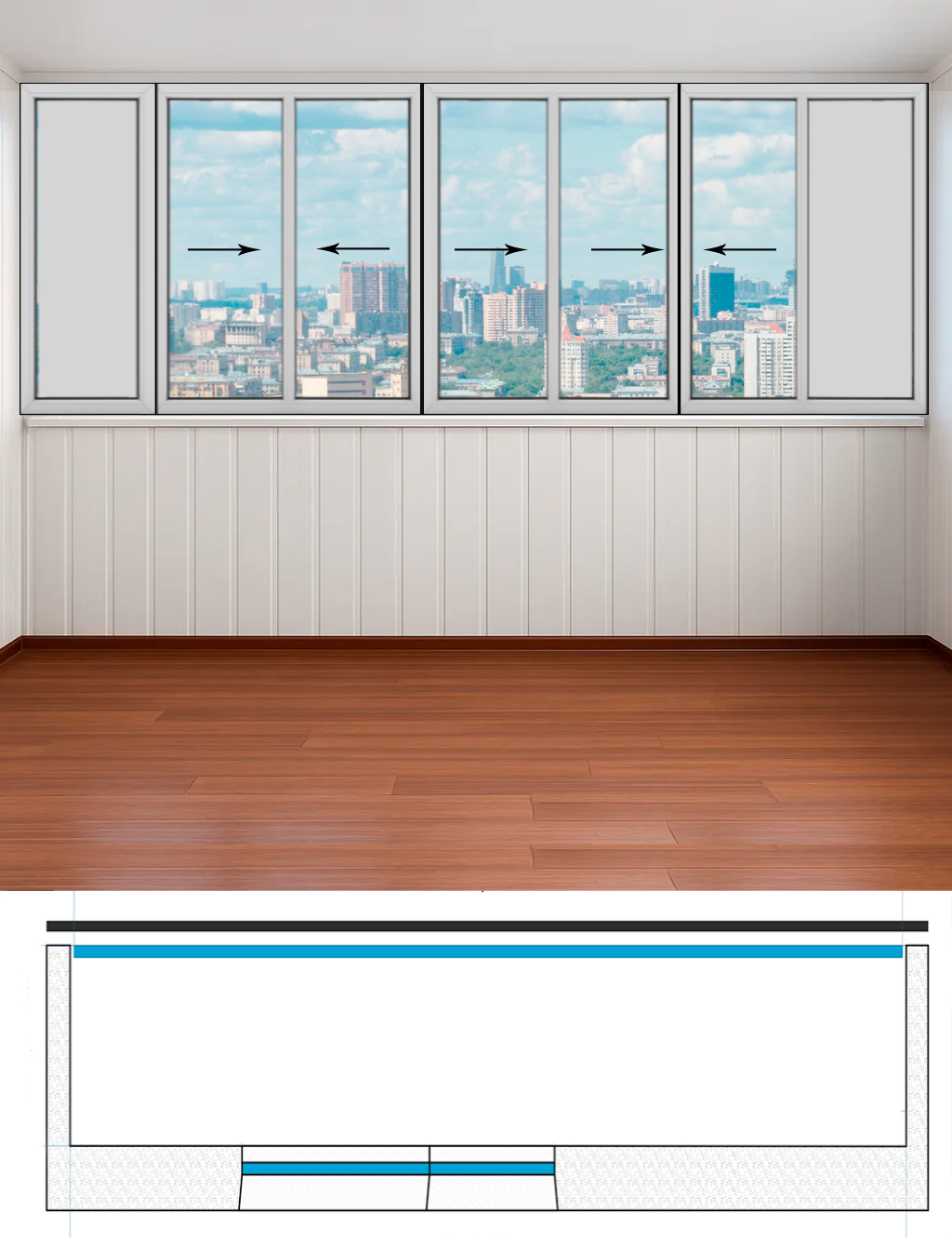 Остекление лоджии Башня Вулыха 7 створок (Ш-4860 х В-1710) Холодные раздвижные Provedal P640