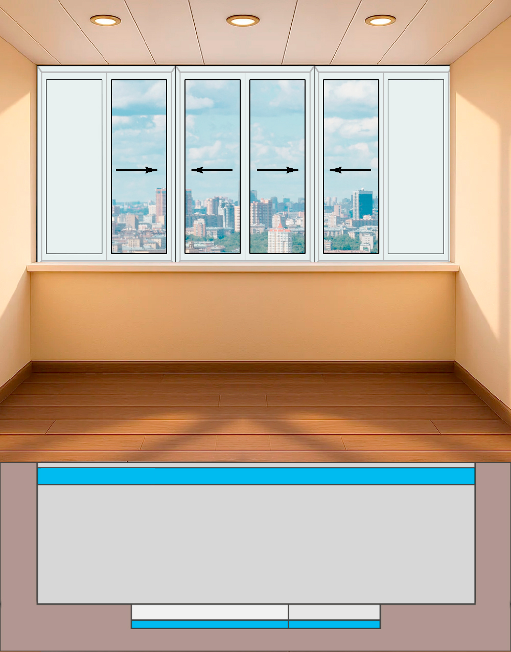 Остекление лоджии (3880х1440)  6 створок дом серии П46 Холодные раздвижные Provedal P640