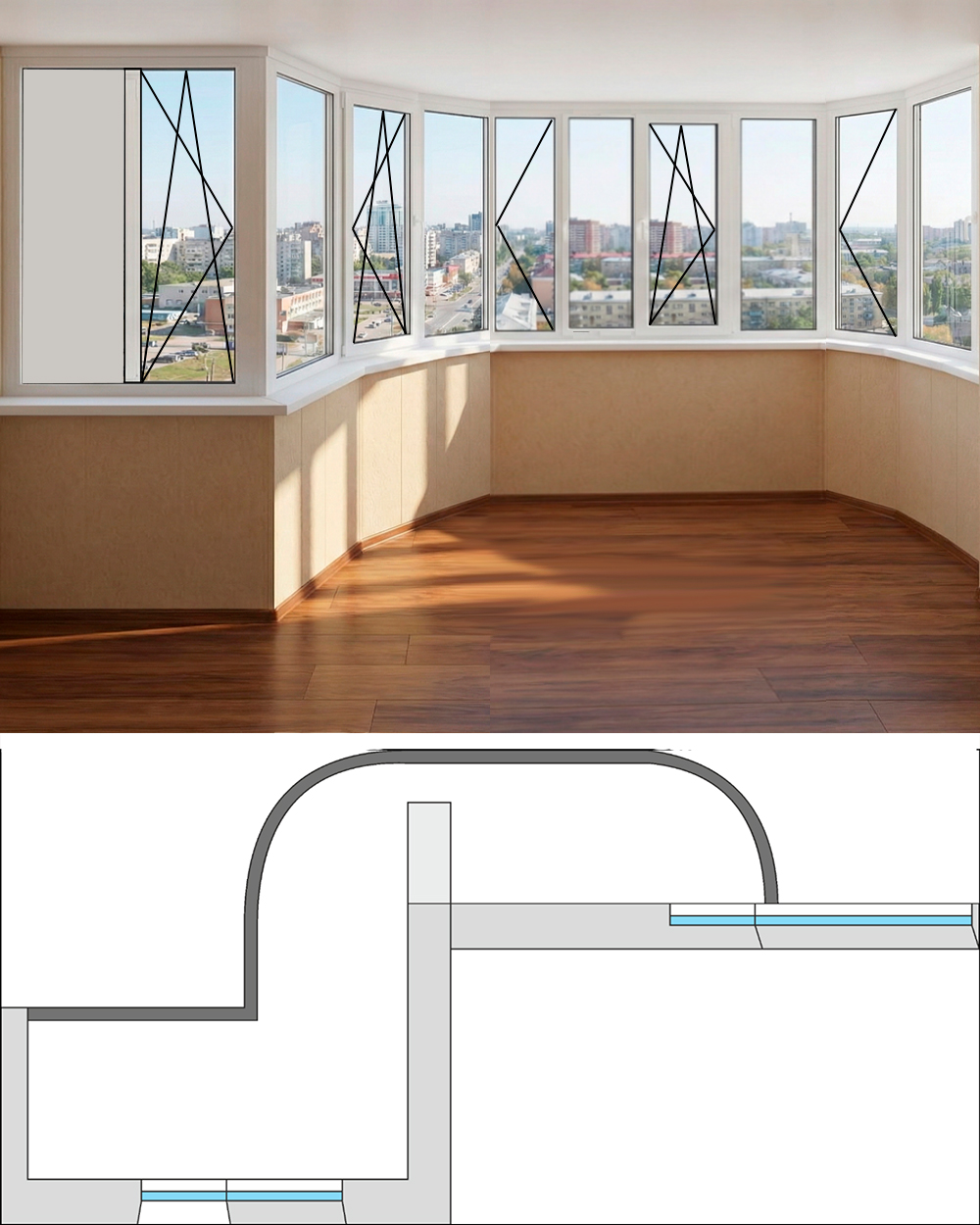 Остекление балкона Большой сдвоенный эркерный серии П-3М теплое распашное Brusbox 60 aero