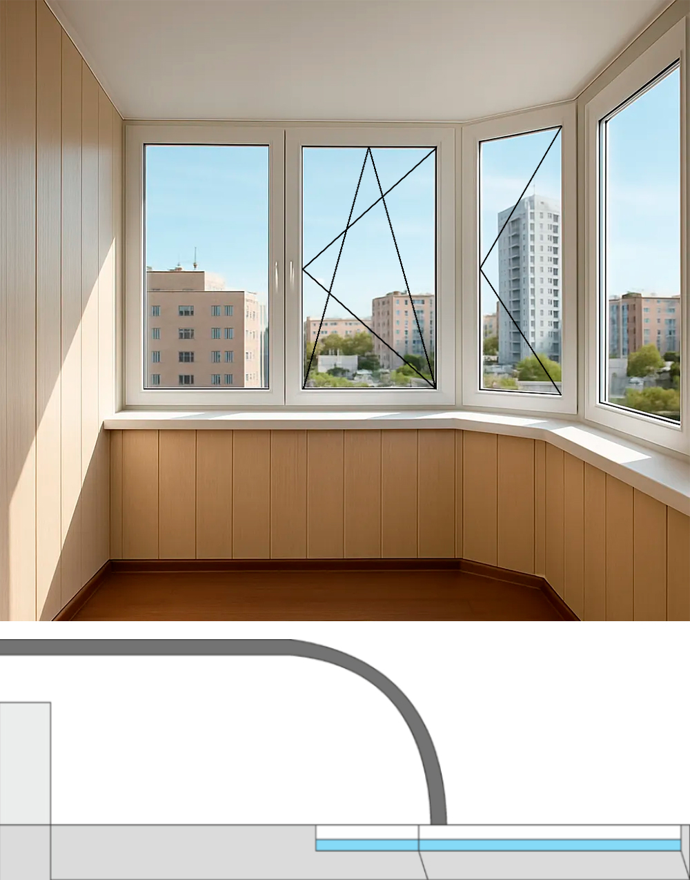 Остекление эркерной лоджии (малая) серии П-3М теплое распашное Brusbox 60 aero