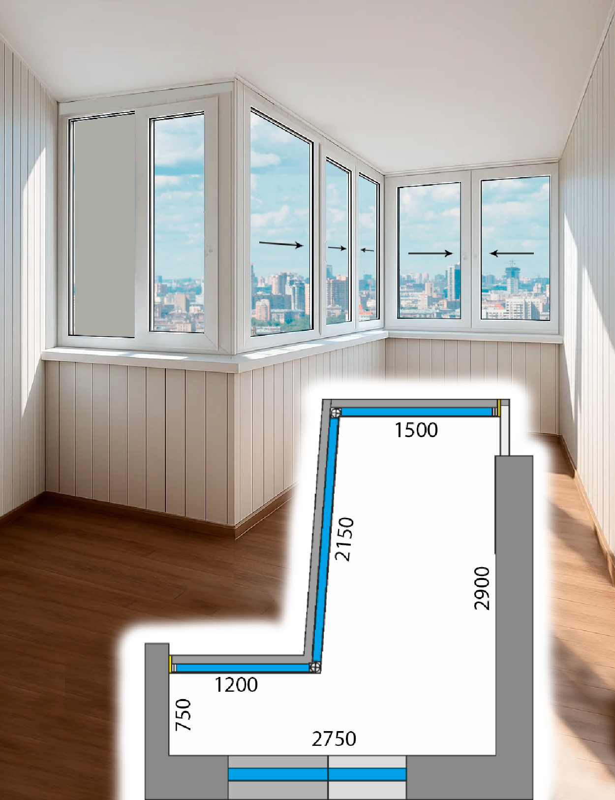 Остекление балкона Большой Сапог V1 дом серии П-3 Холодные раздвижные Provedal P640 2-Гс-Гп-У-3Р-У-2Р-БК-П3-PS1