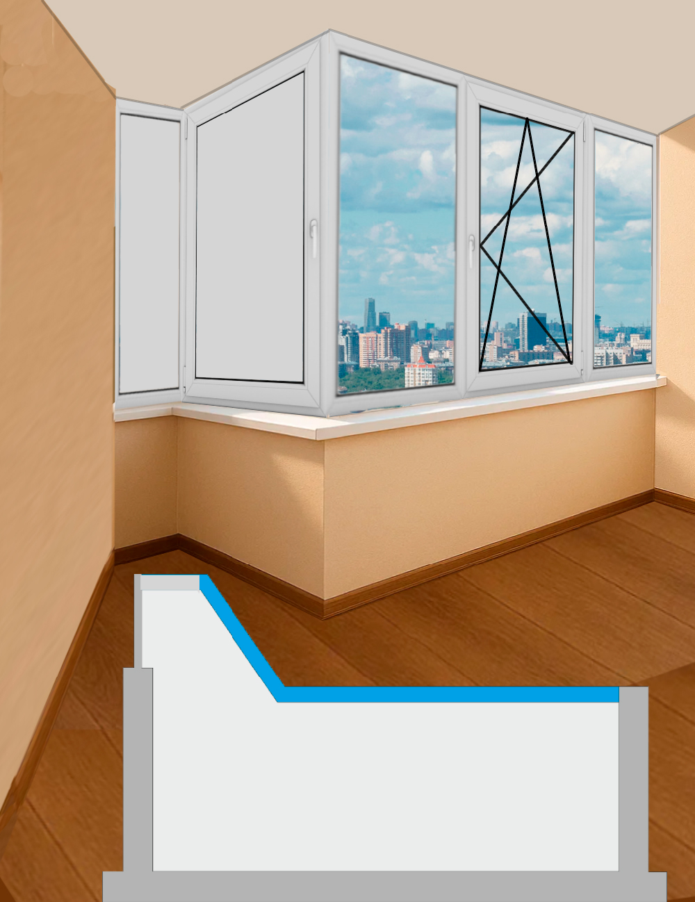 Остекление лоджии в доме серии П-44 Сапожок теплое распашное Brusbox 60 aero 1-Гс-Э-Гс-Э-Гп-Поп-Гп