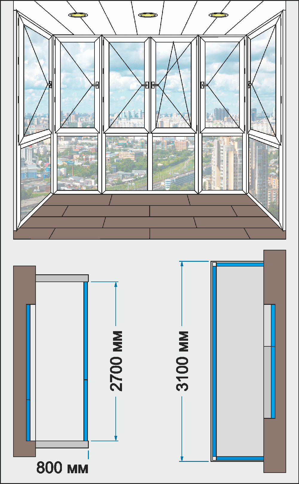 Окна ПВХ для остекления балкона Rehau Blitz Vorne Эконом 3790x1550 Г-П-ПО-Г