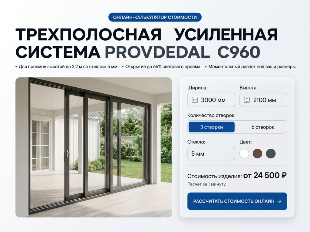Онлайн-калькулятор трехполосных окон Provedal C960 - стандартные створки, стекло 5 мм