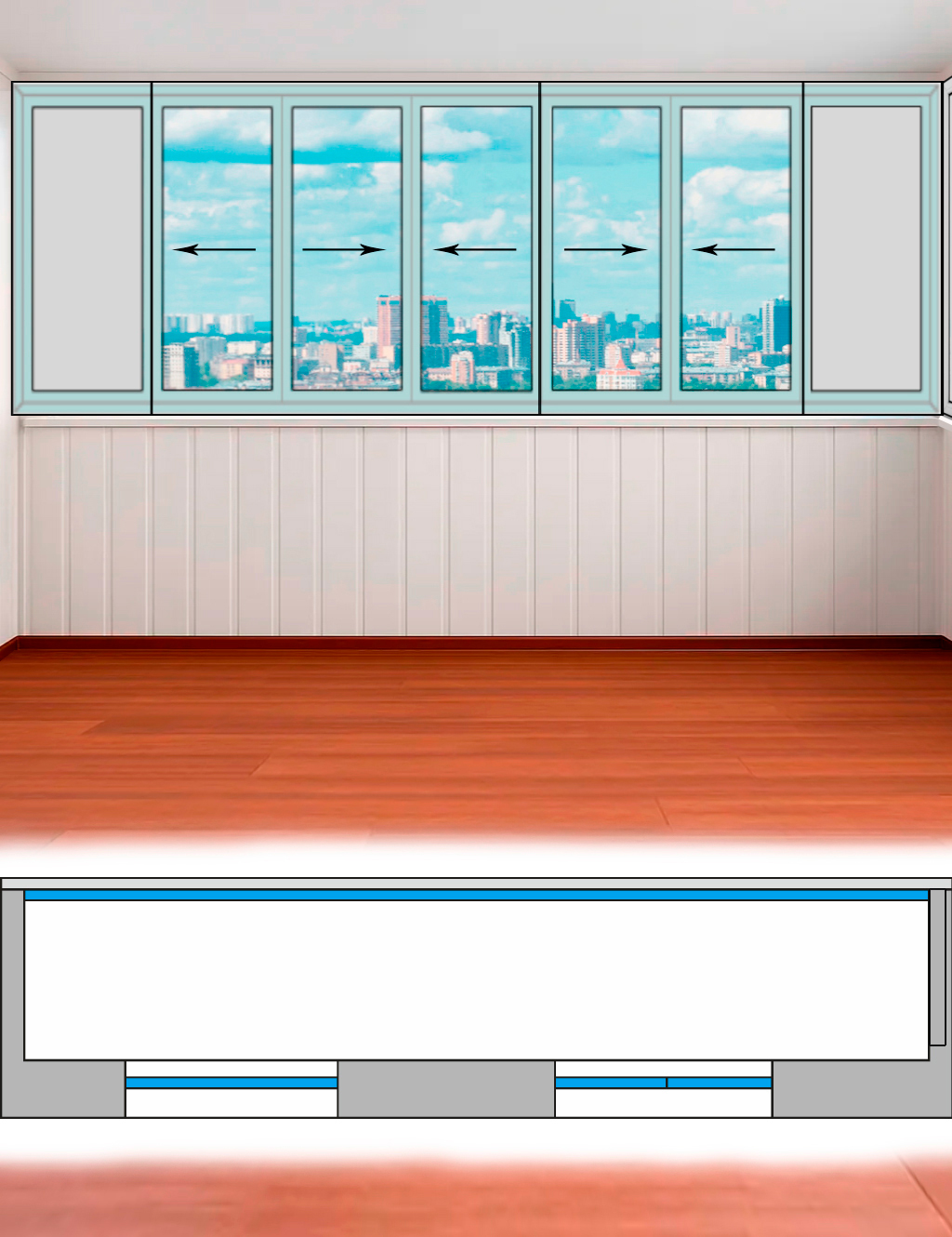 Остекление прямой лоджии (6,2 х 1,5м) дом серии II-68 Холодные раздвижные Provedal P640