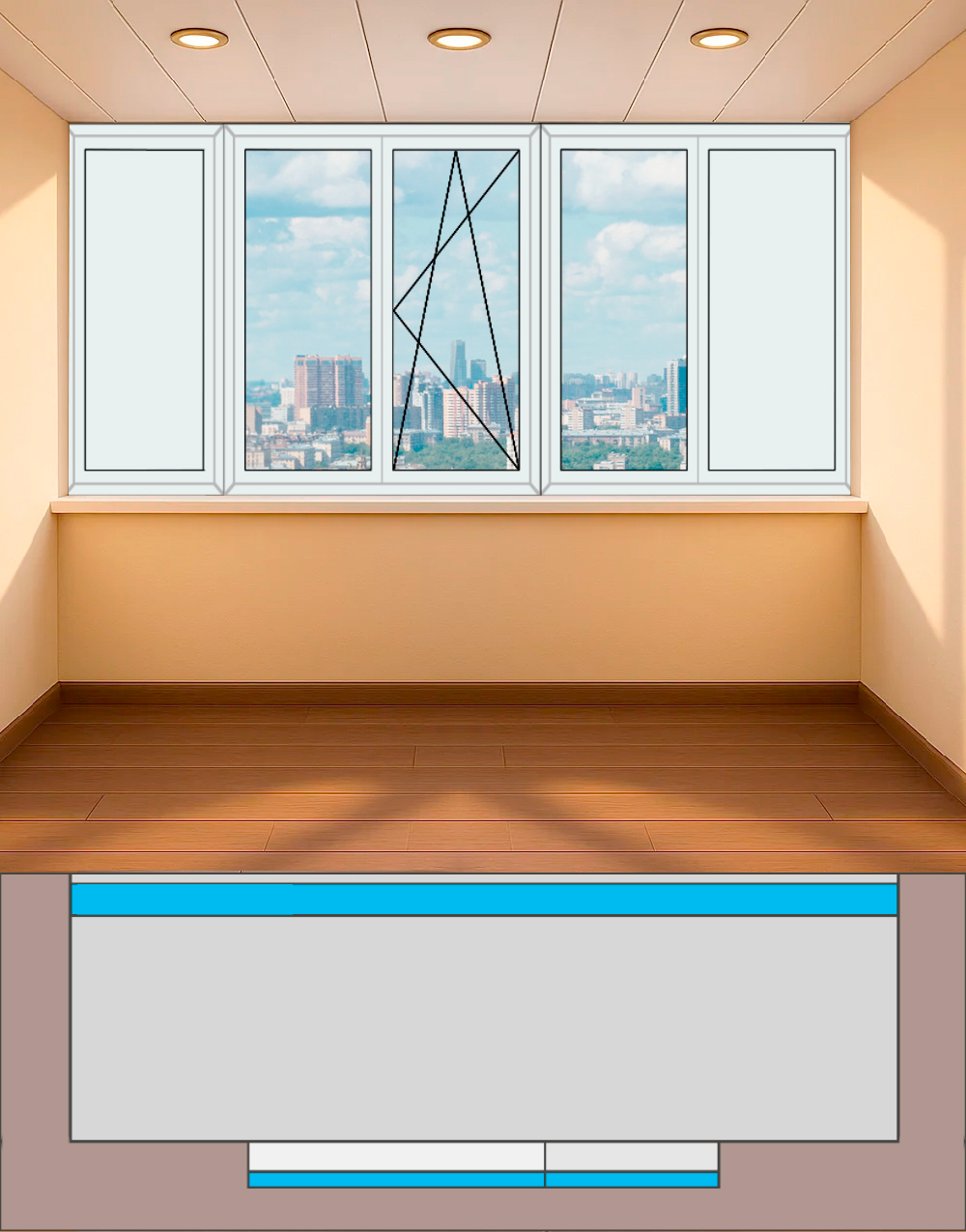 Остекление Прямой лоджии (ш 3,98 х в 1,41 м) дом серия П46М Теплое раздвижное SLIDORS 4-5-Гс-ПлПоп-ГпПс-4мПр5ст-ПВХ