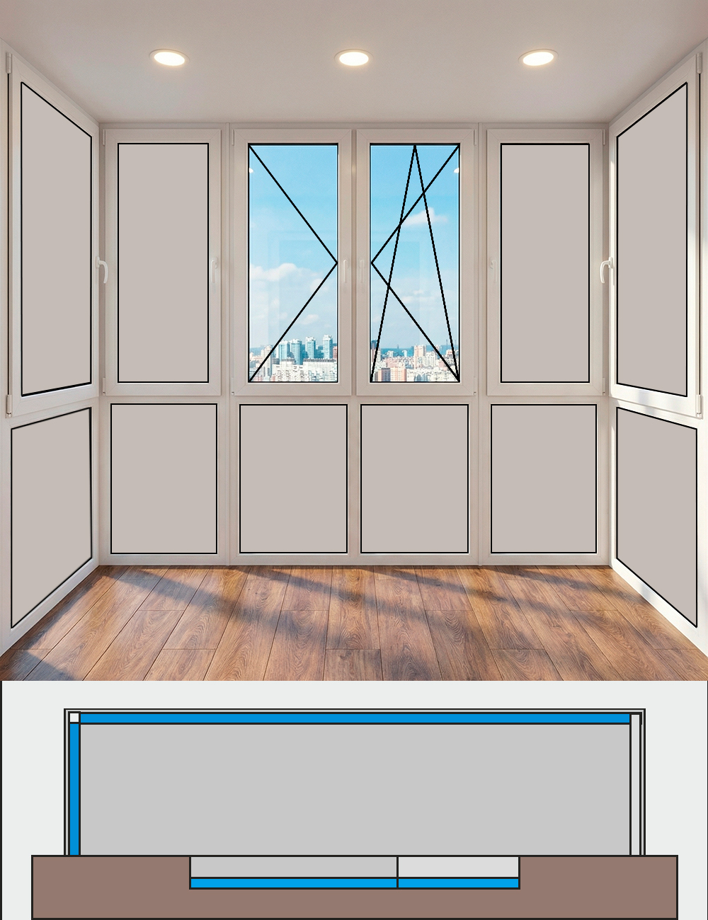 Остекление П-образного балкона в пол дом 3100х730х2650 теплое распашное Brusbox 60 aero