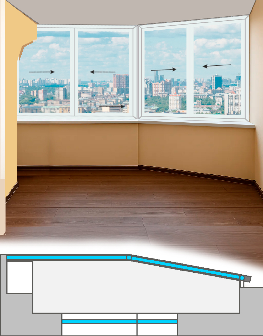 Остекление лоджии в доме серии П-44 Лодочка Холодное остекление Provedal P640 раздвижные 2-х полосные 1-2Р-Э-2Р-Э-У