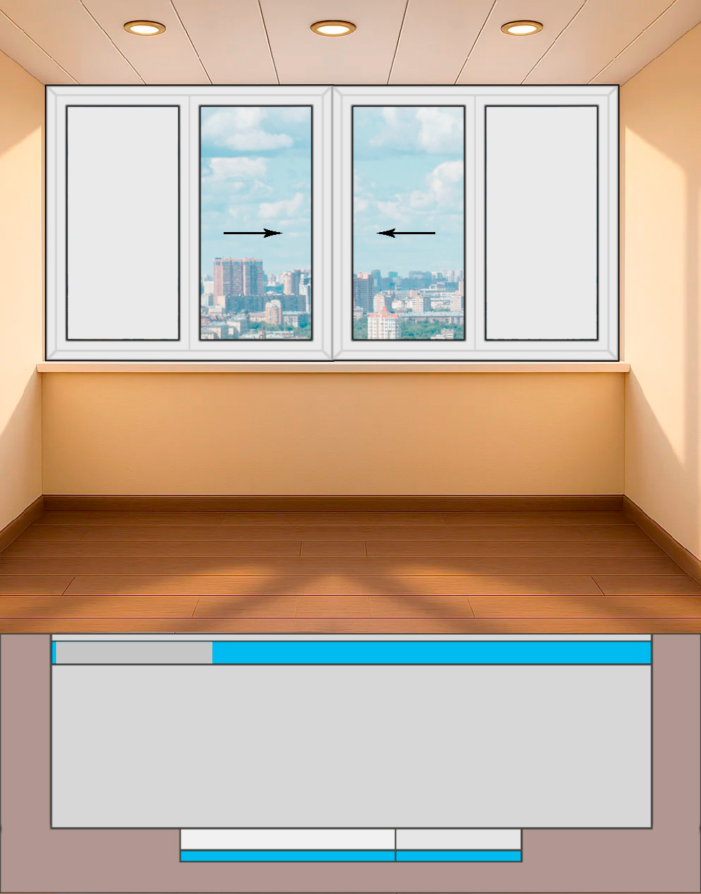 Остекление лоджии 4 створки (2820х1540) дом серии 1605-АМ Холодные раздвижные Provedal P640