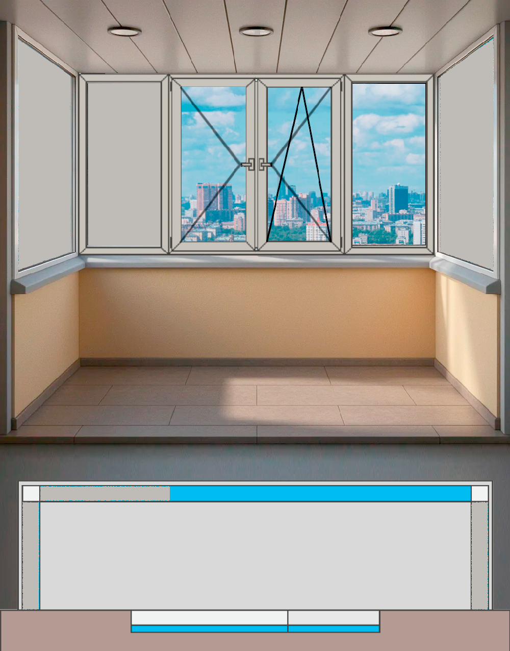 ПВХ остекление П-образного балкона с выносом по подоконнику (Ш 3100 х Г 730 х В 1530) теплое распашное Brusbox 60 aero