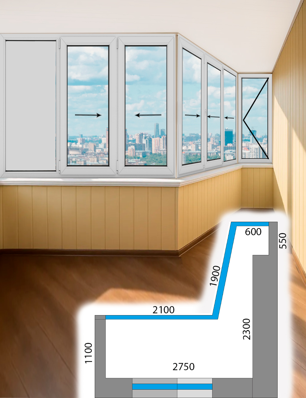 Остекление лоджии в доме серии П-44Т Сапожок Холодные раздвижные Provedal P640 2-Гс-2Р-Э-3Р-Э-Пп-БС-П3-PS