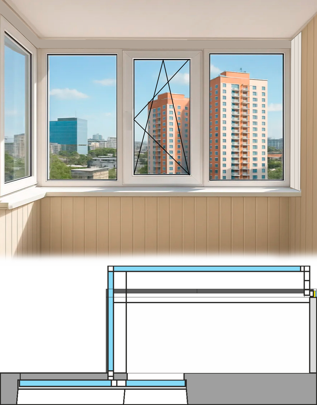 Остекление балкона с выносом в доме серии П-3 Капитанский теплое распашное Brusbox 60 aero 4-Гп-У-Гп-Поп-Гп-У-Д-КВП3