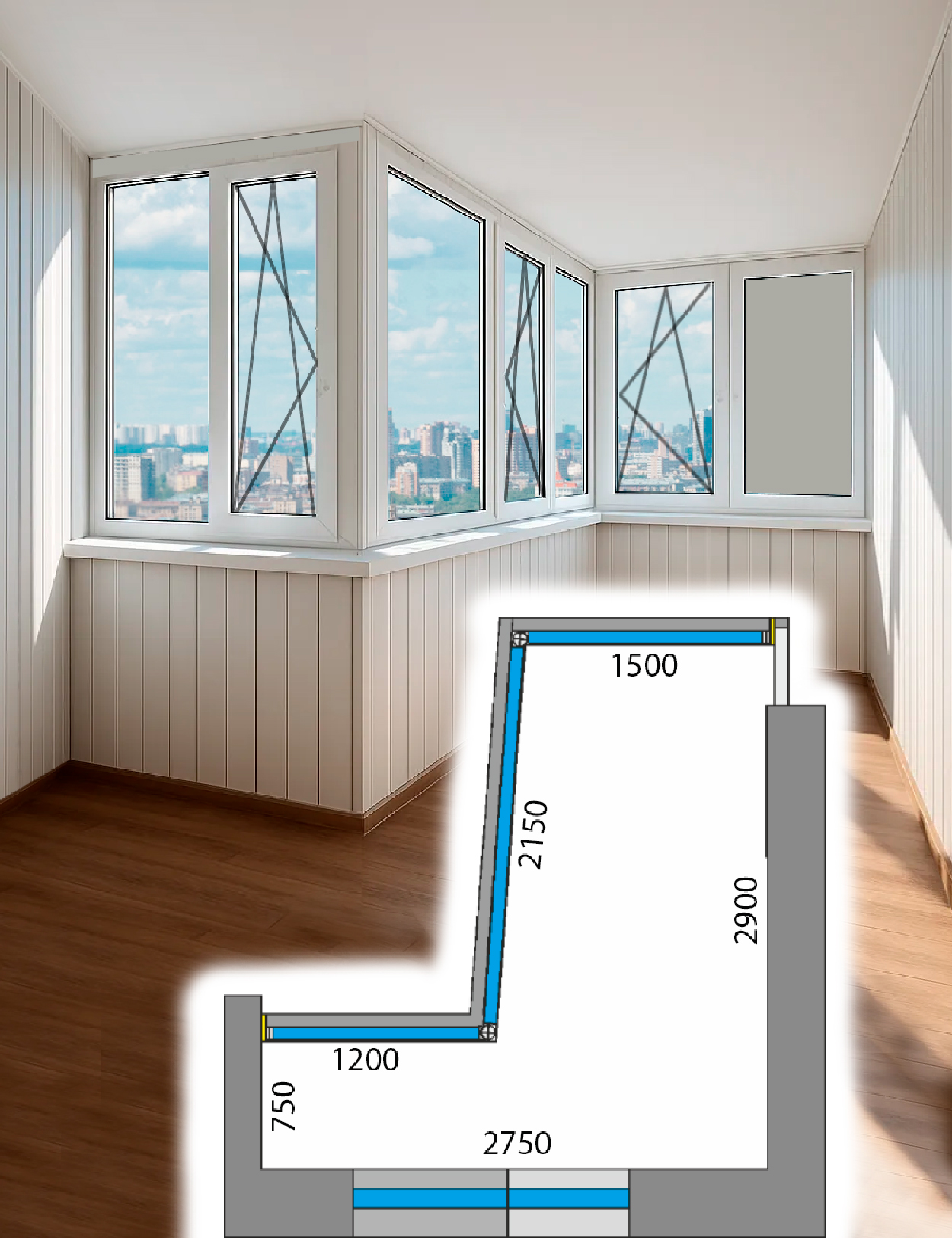 Теплое остекление балкона Большой Сапог Brusbox 60 aero 5-Гп-Пол-У-Гп-Поп-Гп-У-Поп-Гс-БК-П3-ПВХ1
