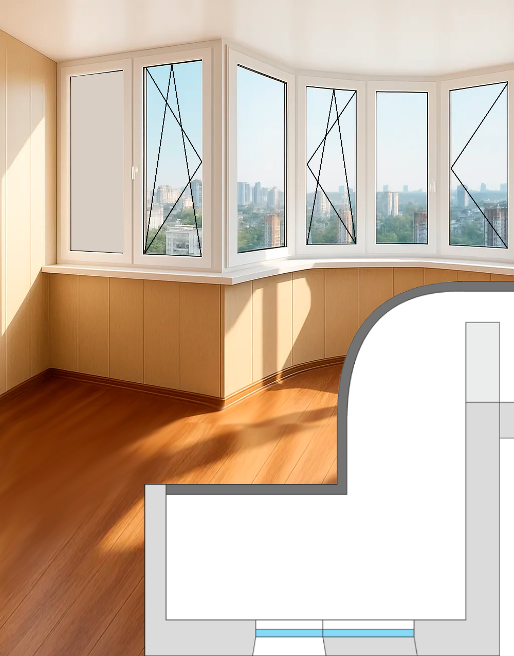 Остекление балкона Большой Сапог Полукруг серии П-3М теплое распашное Brusbox 60 aero